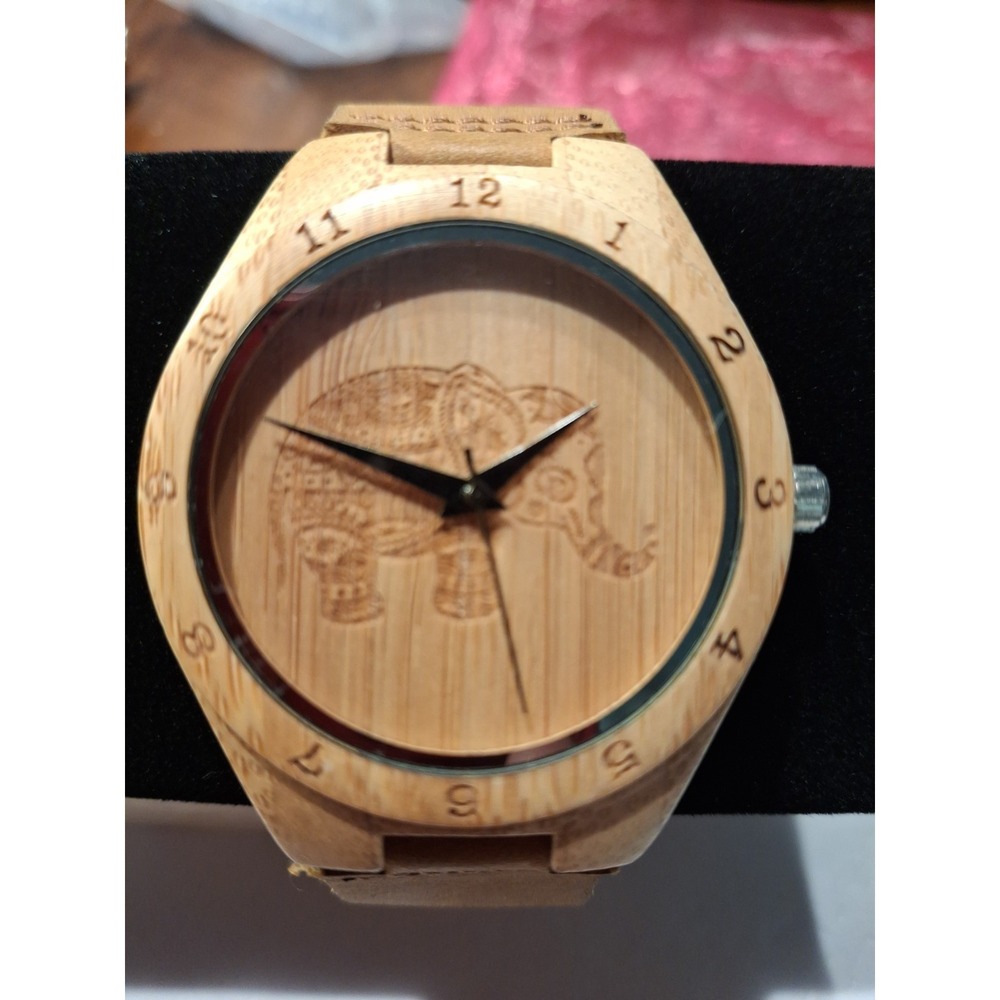 Brown Unisex Elephant Wooden Watch With Leather Strap.